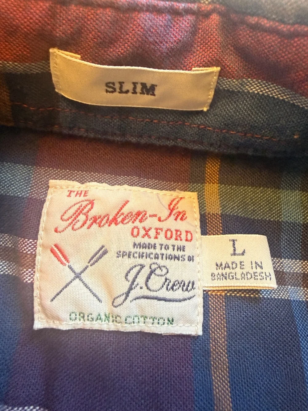 J Crew Broken In Oxford Organic Cotton SlimMens Shirt Sz L red and blue plaid